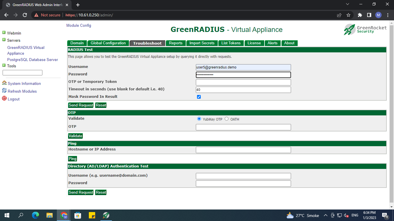 GreenRADIUS in Troubleshoot tab