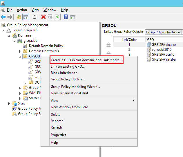 Group Policy Manager with "Create a GPO in this domain, and Link it here..." highlighted in the context menu