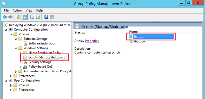 In the Group Policy Management Editor, "Scripts (Startup/Shutdown)" is highlighted in the left pane, and "Startup" is highlighted in the right pane