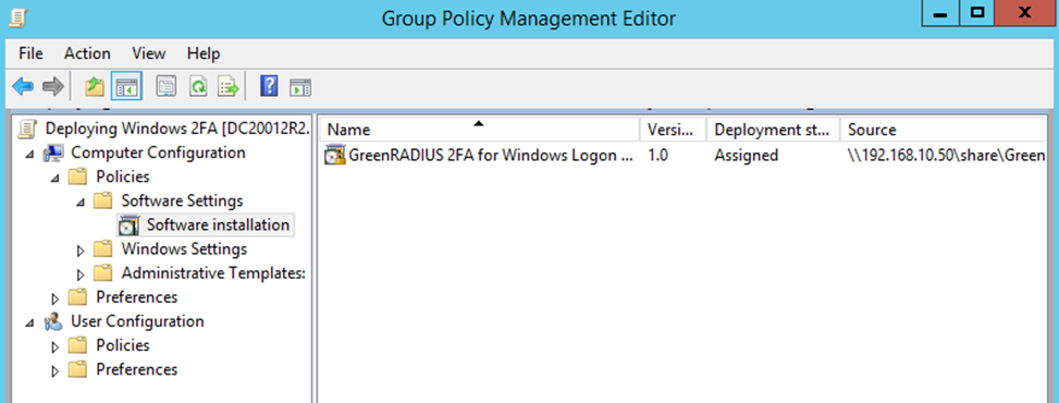 Group Policy Management Editor with "Software Installation" selected in the left pane