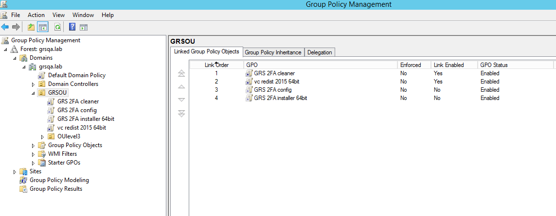 Group Policy Management window with "GRSOU" selected in the left pane, and the "Linked Group Policy Objects" tab open in the right pane