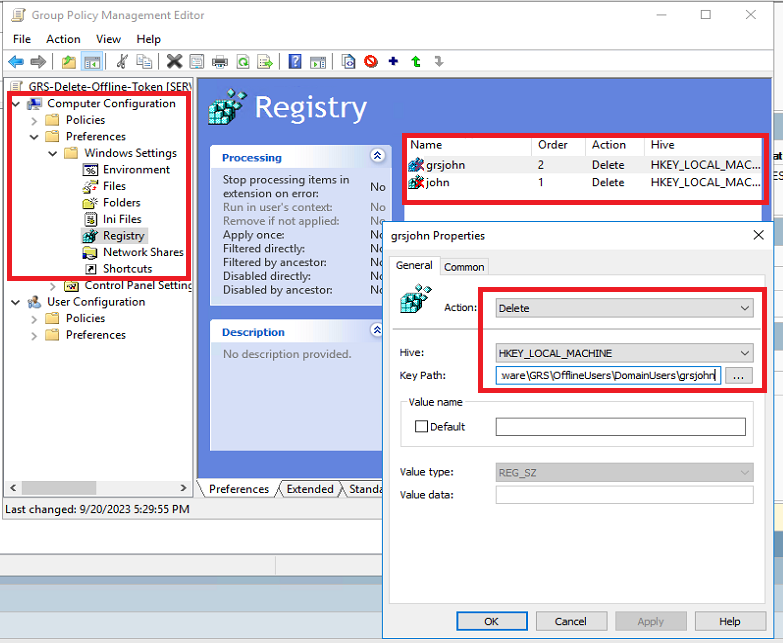 Group Policy Management Editor with the following highlighted: the entire Computer Configuration in the left panel, the Registry section in the right panel, and the Delete action for a user open in a dialog view