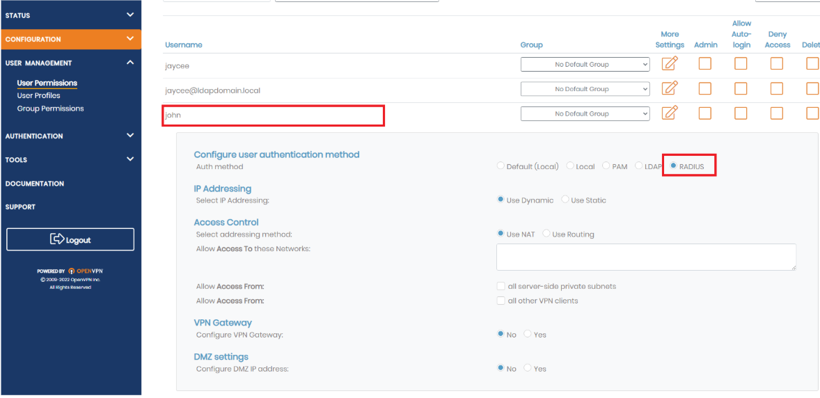 RADIUS Server Configuration