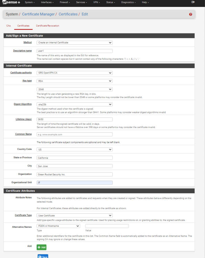 User Certificate for GreenRADIUS User